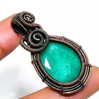 Изумрудный драгоценный камень, ручная работа, медная проволочная подвеска, 1,77 дюйма 1.77 зелёный