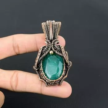 Изумрудный драгоценный камень ручной работы из чистой медной проволоки, завернутый в подвеску, ювелирное изделие для женщин 2.83 Inches зелёный