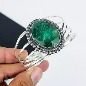 Изумрудный драгоценный камень ручной работы из стерлингового серебра 925 пробы, изумрудный браслет, для жены, унисекс-браслет, подарки на годовщину 6 зелёный