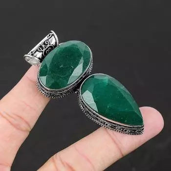 Изумрудный драгоценный камень ручной работы из стерлингового серебра 925 пробы, ювелирное изделие, кулон с двойным изумрудным драгоценным камнем, ожерелье, подарки для женщин 2.55 зелёный
