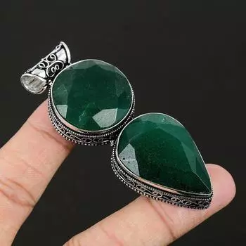 Изумрудный драгоценный камень ручной работы из стерлингового серебра 925 пробы, ювелирное изделие, кулон с двойным изумрудным драгоценным камнем, ожерелье, подарки для женщин 2.55 зелёный
