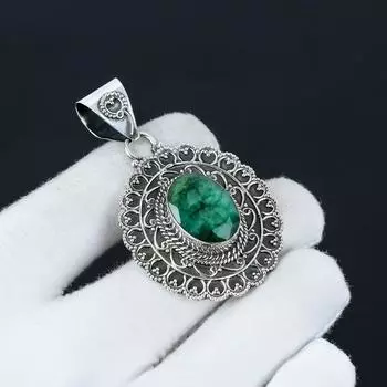 Изумрудный кулон, ювелирное изделие ручной работы, ожерелье из стерлингового серебра 925 пробы, изумрудный драгоценный камень, ювелирное украшение, кулон, подарок для него на Новый год 1.96 зелёный