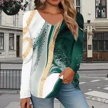 Изумрудный принт женские футболки женские топы с длинным рукавом V-образный вырез пуловер женские футболки футболка для женщин XS зелёный