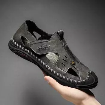 Известные бренды, высококачественные сандалии, мужские летние кожаные дышащие туфли с отверстиями, повседневная пляжная обувь 38 чёрный