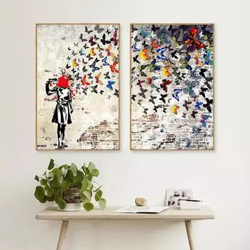 Известные художники Бэнкси Детский портрет Бабочка Граффити Картина на холсте Уличное искусство Современные постеры Современное настенное искусство Большие принты Домашний декор 20x30cm No Frame белый