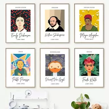 Известные художники и писатели, печать, галерея, настенная выставка, плакат, Ван Гог, Пикассо, Шекспир, холст, живопись, книги, подарок для любителей драмы 21x30cm No Framed