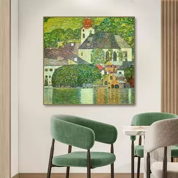 Известные картины Густава Климта «Церковь в Унтерахе», холст, постеры и репродукции, художественные репродукции для украшения стен дома, картины 20x20cm no frame