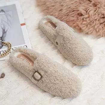 Известный бренд женские тапочки из овечьего меха с пряжкой на ремне пушистые пантуфли женские зимние шлепанцы женские тапочки из овечьей шерсти большой размер 43 4.5