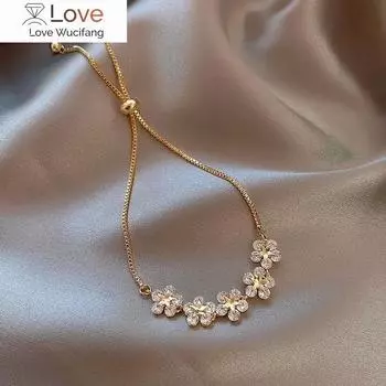 Изысканная 14-каратная настоящая золотая цепочка, корейская мода, простой браслет с кристаллами и цветами для женщин, ювелирные изделия, подарок на годовщину для девочек золотой
