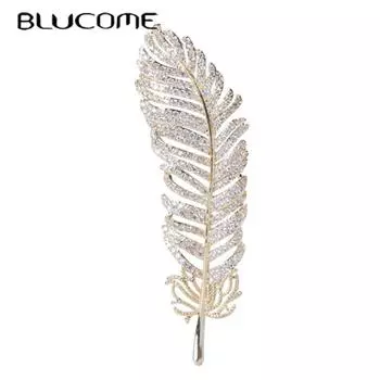 Изысканная брошь Blucome с перьями, инкрустированные цирконовыми булавками, женская брошь для пальто, костюма, булавки для хиджаба, подарки на Новый год золотой