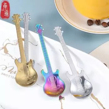 Изысканная кофейная ложка из нержавеющей стали, чайная ложка в форме гитары, детская ложка, новая красивая разноцветная кофейная чайная кухонная ложка, компактная 12*3.2cm золотой