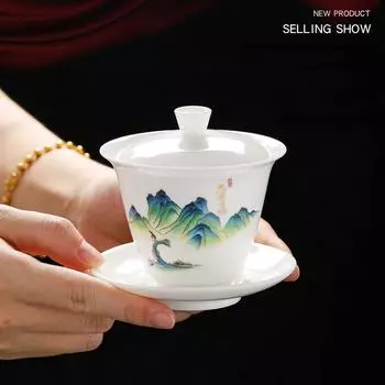 Изысканная расписанная вручную белая фарфоровая глина гайвань японская чашка те полезный керамический чайный сервиз суп с крышкой миска лотос рисунок рукой 150ml
