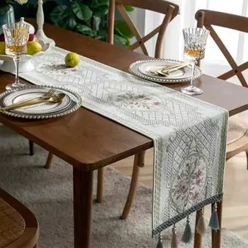 Изысканная скатерть с жаккардовой вышивкой, американская скатерть с кисточками, настольный флаг, скатерть из синели с кисточками 33X180 бежевый