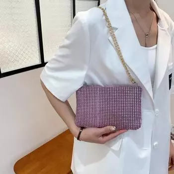 Изысканная сумка через плечо со стразами и цепочкой для женщин, летний шикарный однотонный кошелек на одно плечо для девочек, простой кошелек для монет (20cm<Max Length<30cm)
