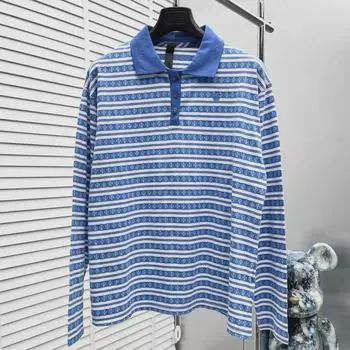 Изысканная трикотажная рубашка-поло в полоску в морском стиле с цветными лацканами и длинными рукавами Medium