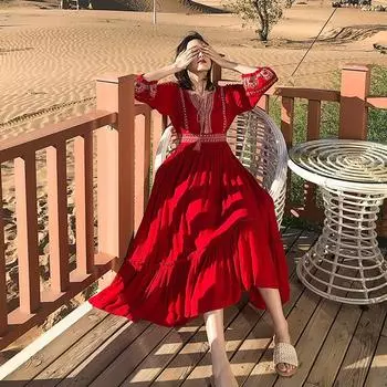 Изысканная вышивка! Красота ~ Найдите платье для отпуска в европейско-американском стиле «Девушка мечты», богемное, ретро, красное, романтичное, с большой юбкой-качели Red S