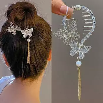 Изысканная заколка для волос с кисточкой и цветком циркона, модная блестящая женская элегантная заколка для волос с высоким конским хвостом, пластина для волос, артефакт