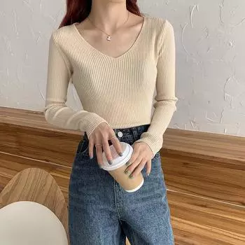 Изысканная женская модная трикотажная блузка с V-образным вырезом, идеально подходящая в качестве облегающего однотонного базового свитера на осень с длинными рукавами, удобная для ношения S