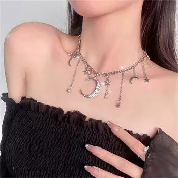 Изысканно изготовленное ожерелье с подвеской в виде луны и звезды, инкрустированное стразами, модная цепочка-чокер для женщин, повседневное и вечернее гламурное ожерелье
