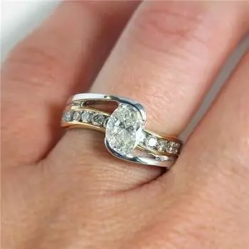 Изысканное двухцветное кольцо с белыми кристаллами овальной огранки, подарок на годовщину, обручальные кольца для невесты 6 серебряный/золотой