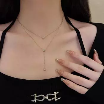 Изысканное двухслойное ожерелье из титановой стали с подвесками из сверкающего циркония — цепочка на ключицу в стиле знаменитостей. X123 розового золота