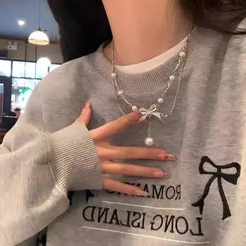 Изысканное двухслойное ожерелье с подвеской в виде банта и жемчуга для женщин и девочек, легкая роскошная ключичная цепочка, ювелирные изделия, подарки