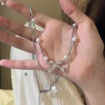 Изысканное двухслойное ожерелье с подвеской в виде банта и жемчуга для женщин и девочек, легкая роскошная ключичная цепочка, ювелирные изделия, подарки