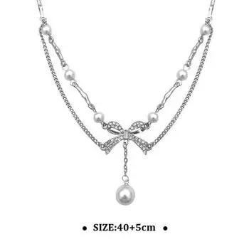 Изысканное двухслойное ожерелье с подвеской в виде банта и жемчуга для женщин и девочек, легкая роскошная ключичная цепочка, ювелирные изделия, подарки 1pc