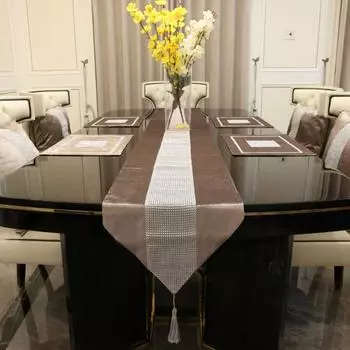 Изысканное качество изготовления, чехол для стола, устойчивый к царапинам, полиэстер, стразы, расшитый блестками, элегантная скатерть с кистями 32*210cm чёрный