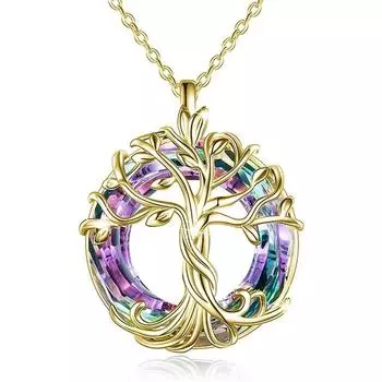 Изысканное кельтское ожерелье «Семейное дерево» с круглым кристаллом - Украшение «Древо жизни» подарок для женщин, девушек, мамы на день рождения золотой