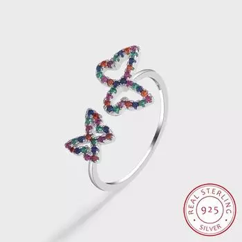 Изысканное кольцо-бабочка из серебра S925 пробы для женщин, модное регулируемое кольцо для пары, красочное ювелирное изделие из стерлингового серебра с бабочкой из циркония Resizable серебряный