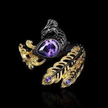 Изысканное кольцо для женщин, фиолетовое ювелирное изделие с цирконом, кольцо в форме павлиньего пера, модное черное золото, полое кольцо, свадебные украшения 6 чёрный