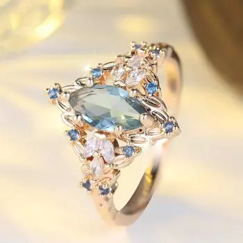 Изысканное кольцо «Маркиза» с белым и светло-голубым цирконом для женщин, роскошное модное кольцо золотого цвета, свадебное украшение для вечеринки 6 синий/золотой