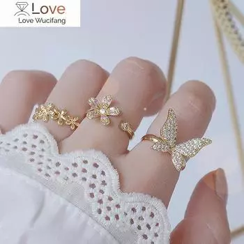 Изысканное кольцо в форме цветка бабочки из циркония с медной инкрустацией, 14-каратное настоящее золотое покрытие, женское выпускное вечернее открытое кольцо, корейские ювелирные изделия зелёный