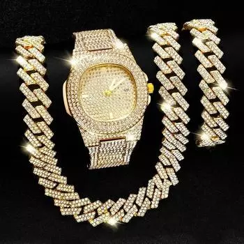 Изысканное ожерелье + часы + браслет в стиле хип-хоп, рэпер, кубинская цепочка, золотой цвет, ледяной асфальт, стразы, мужской комплект ювелирных изделий в африканском стиле, новый
