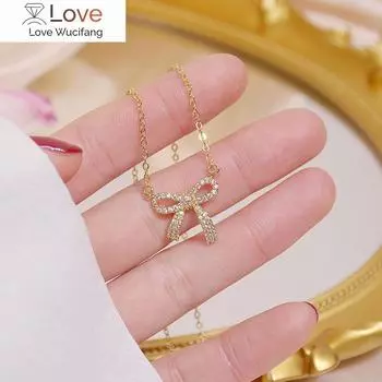 Изысканное ожерелье с подвеской в виде банта из циркония с медной инкрустацией, 14-каратное настоящее золотое сексуальное женское ожерелье для выпускного вечера, корейские ювелирные изделия жёлтый