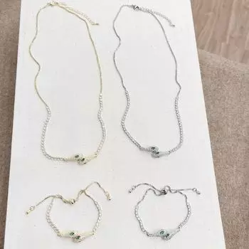 Изысканное ожерелье в виде зеленоглазой змеи и регулируемый браслет из циркония для женщин Zircon Double Snake Bracelet золотой