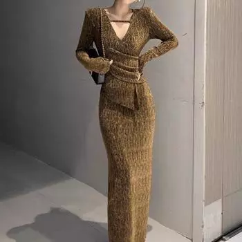 Изысканное платье макси с V-образным вырезом и высоким разрезом, облегающие сексуальные платья L серебряный