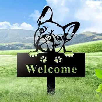 Изысканное садовое металлическое украшение - садовый столб в стиле бульдог в стиле ар-деко. Прочный металлический памятный маркер. Подарок для любителей домашних животных. чёрный