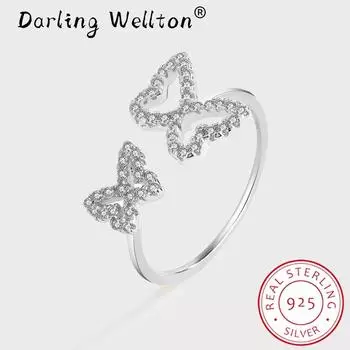 Изысканное серебро 925 пробы с двойной бабочкой, кольцо для пар для женщин, подарок на годовщину, ювелирные изделия, свадебное кольцо невесты, обручальное серебряное ювелирное изделие Resizable серебряный