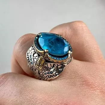Изысканное серебряное мужское кольцо с натуральным турмалином Параиба - Яркая элегантность и изысканный стиль - Мужское кольцо с голубым турмалином Параиба