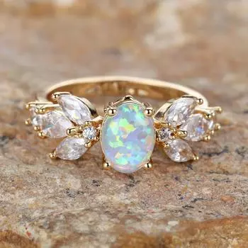 Изысканное золотое кольцо с кубическим цирконием в виде листа и огненного опала для женщин, подвеска на годовщину, день рождения, ювелирные изделия, аксессуары 6 золотой