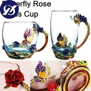 Изысканные 3D Кофейные Чайные Стеклянные Эмалевые Чашки Бабочка Роза Чайная Чашка Резная Цветочная Чашка S красный