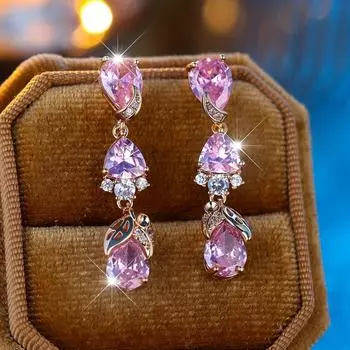 Изысканные блестящие розовые серьги с цирконием в виде капель воды для женщин, элегантные длинные висячие серьги золотого цвета, темпераментные украшения розовый