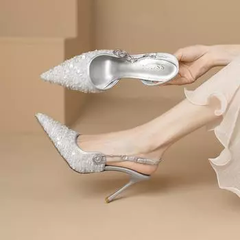 Изысканные босоножки на тонком каблуке с острым носком для женщин Back Air 2024 Летние новые туфли на высоком каблуке с блестками и пряжкой Banquet 34 чёрный