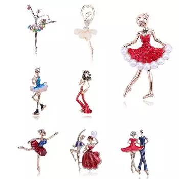 Изысканные броши с кристаллами, красная, розовая, золотая, красивая юбка с цветком, жемчужная брошь для балерины, брошь для женщин и девочек, подарочные булавки, брошь 17x46mm