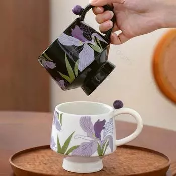 Изысканные цветы Керамические кружки Творческая пара Чашки для послеобеденного чая Кофейные чашки Домашний завтрак Молочная чашка Повседневная офисная чашка для воды 400ml