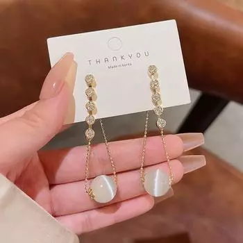 Изысканные длинные серьги с кисточками из кошачьего глаза, иглами из серебра 925 пробы и микроинкрустированным цирконием: Элегантный и роскошный дизайн для женщин. E5546 золотой