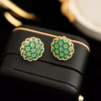 Изысканные легкие роскошные серьги-гвоздики с полным бриллиантовым темпераментом, ретро-серьги с зеленым цирконием 14k