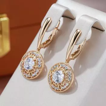 Изысканные модные висячие серьги золотого цвета с блестящим цирконием для женщин, винтажные круглые полые серьги с цветком, модные ювелирные изделия белый/золотой